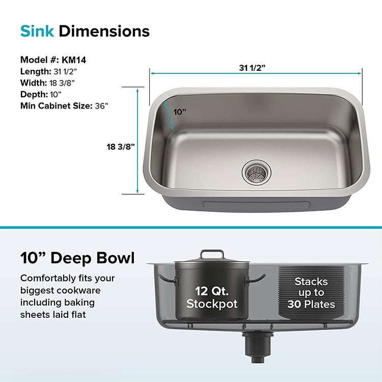 KMan KM14 31-1/2 inch Undermount Single Bowl 16-gauge Stainless Steel Kitchen Sink