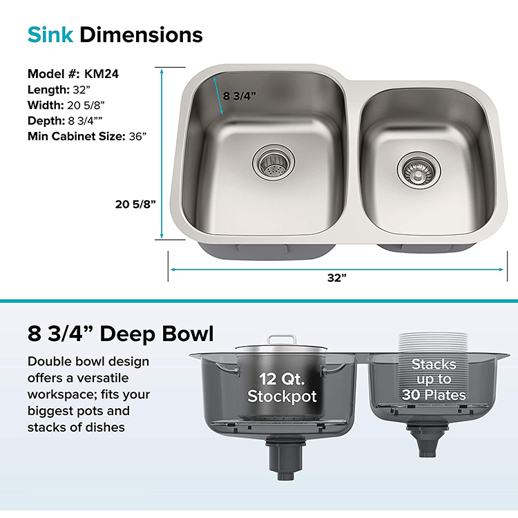 KMan 32 inch Undermount 60/40 Double Bowl 16 gauge Stainless Steel Kitchen Sink